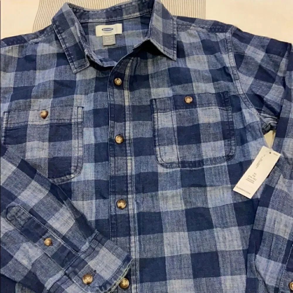 NWT Old Navy Long Sleeved Button-Down Denim Shirt Buffalo Plaid Sz XL (14-16)
